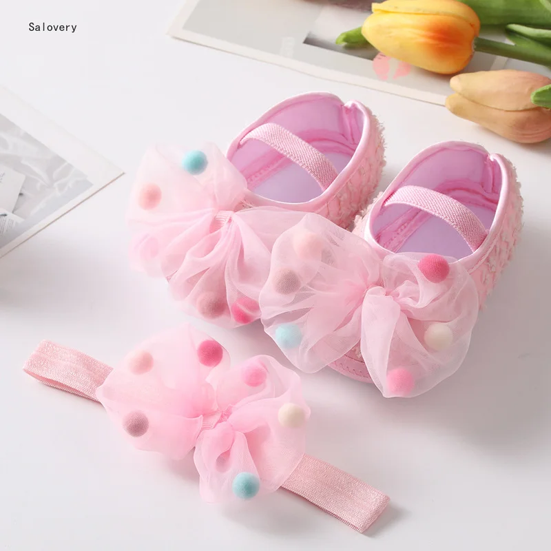 

Summer Newborn Baby Girl Satin Cloth Net Yarn Bowknot Princess Shoes Soft Sole Walking Shoes Headbands Set for Infants Girls