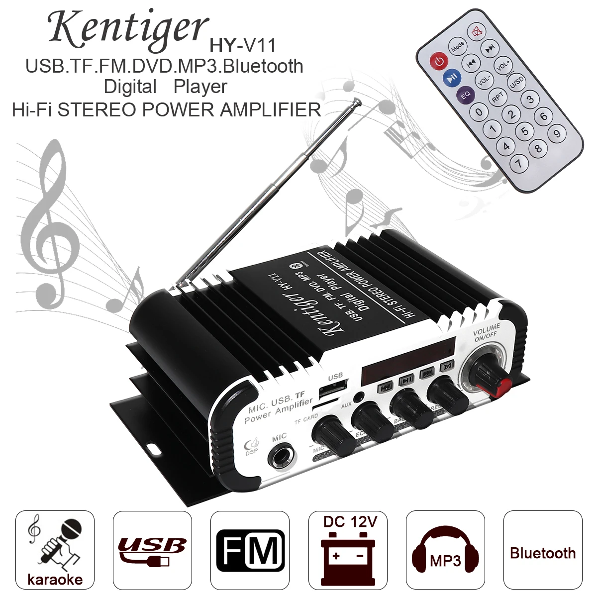 

V11 2CH HI-FI Bluetooth Car Audio Power Amplifier FM Radio Player Support SD / USB / DVD / MP3 Input for Car Motorcycle Home