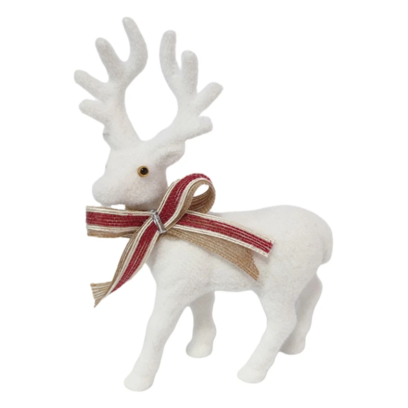 

E9LA Christmas White Flocking Elk Stuffed Plush Reindeer Doll with Bow Xmas Decor