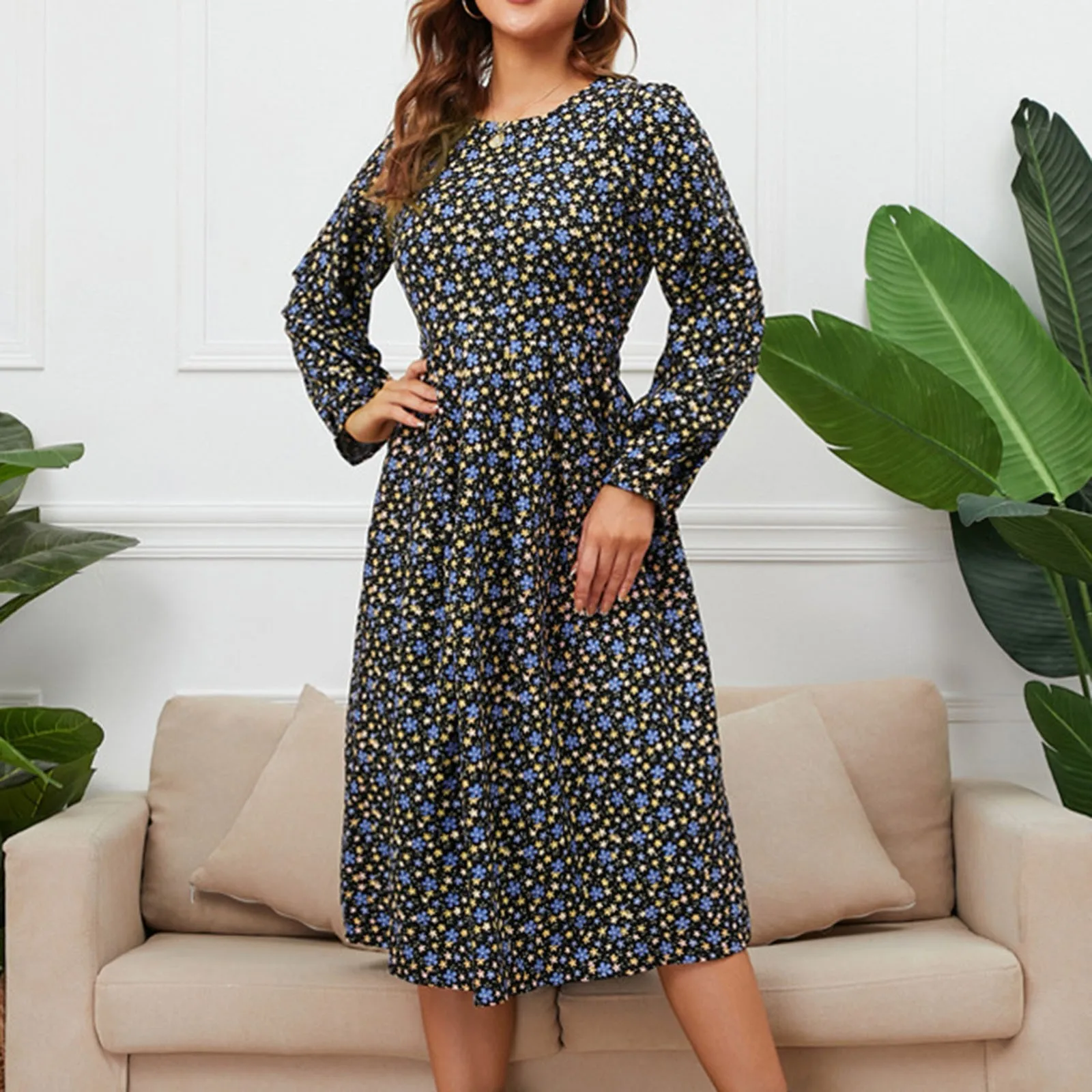 

Elegant Boho Floral Printed Long Dress Women Fashion Summer Autumn Casual V Neck High Waist Drawstring Ruffle Midi Dress