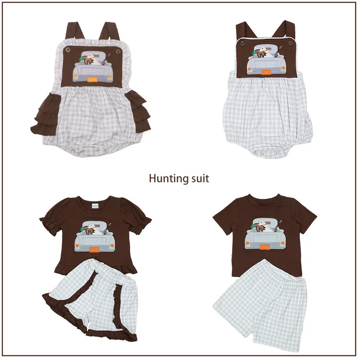 

Baby Cotton Short Sleeved Brown T-shirt Set Round Neck Car Puppy Printing Boy Top Clothes And Lattice Shorts Suit Girl Romper