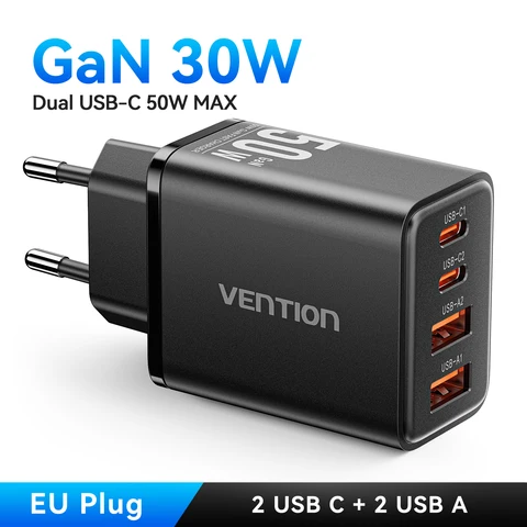 Зарядное устройство Vention 30 Вт GaN PD QC 3.0 USB C Зарядное устройство для iPhone 17 16 15 Pro Xiaomi Tablet iPad Air Двойной порт 50 Вт MAX Зарядное устройство для телефона