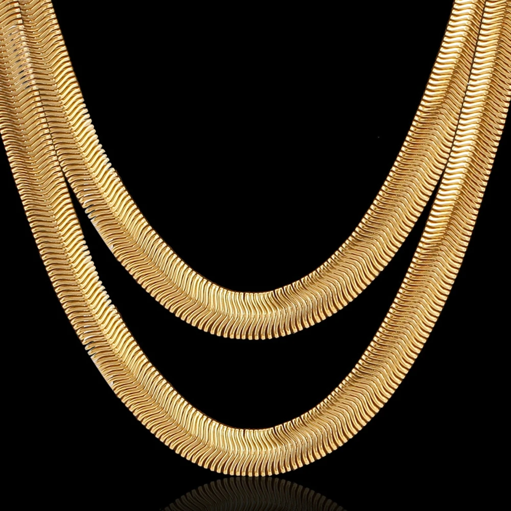 

8mm Flat Snake Bone Chain Necklace Men Yellow Gold Color Classic Fashion Clavicle Choker Jewelry 60cm Long