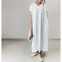 womens dress minimalism v neck double side slit pockets doll sleeve solid slim fit dress korea japan style elegant chic ladies