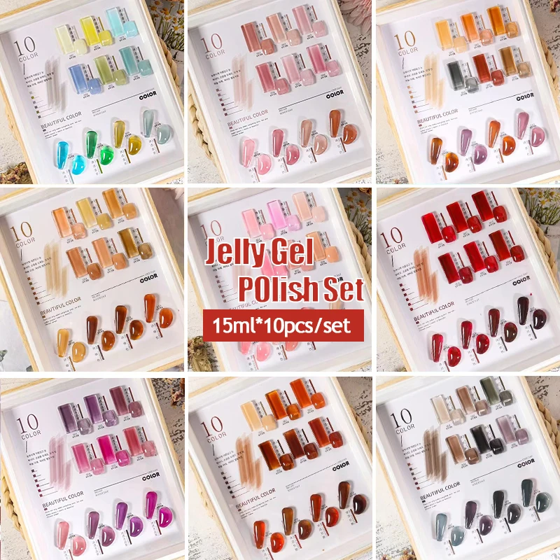 Eleanos 10 Colors Kit Jelly Transparent Nail Gel Polish Set Collection Semi Permanent Soak Off Base Top Coat Manicure Nail Gel