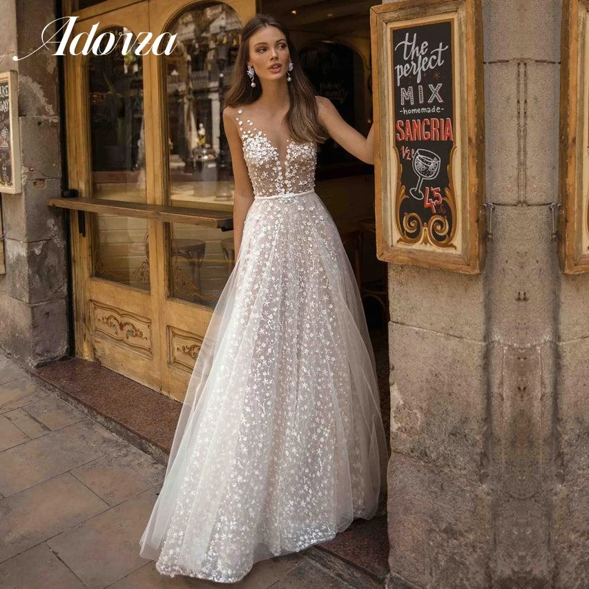 

Sexy A-Line Wedding Dress Floral Plunging Deep V-Neck with Bow Back Illusion Tulle Bridal Gown Women 2023 Beach Vestido De Novia