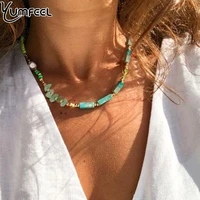 yumfeel 2022 new natural green aventurine semi precious stone necklace women trendy pearl gold color beads jewelry gift
