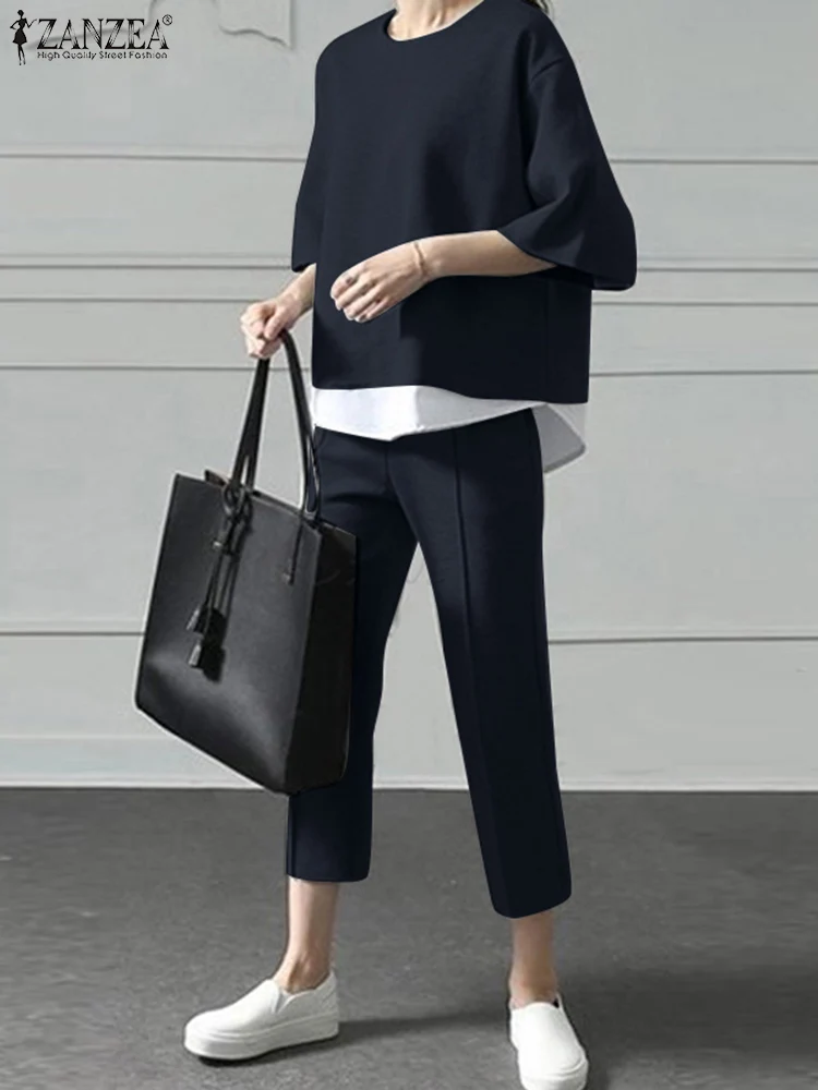 

Slim Retro Pant Sets ZANZEA Casual Office Matching Sets Women Vintage 2PCS 3/4 Sleeve Patchwork Top Harem Spring Work Tracksuits