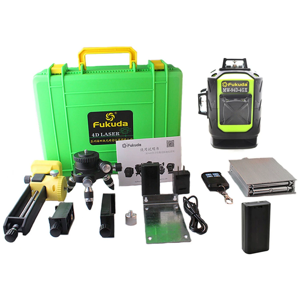 

Лазерный уровень Fukuda, 16 линий, 4000 мА · ч, 2 шт., зеленый луч 515 нм, 360 вертикальный и горизонтальный Самовыравнивающийся Крест