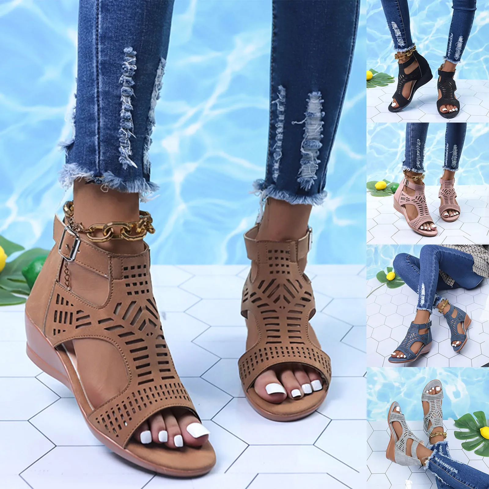 

Сандалии женские на высоком каблуке, дышащие, сетчатые, с вырезами, удобные нескользящие, стильные босоножки, модная обувь