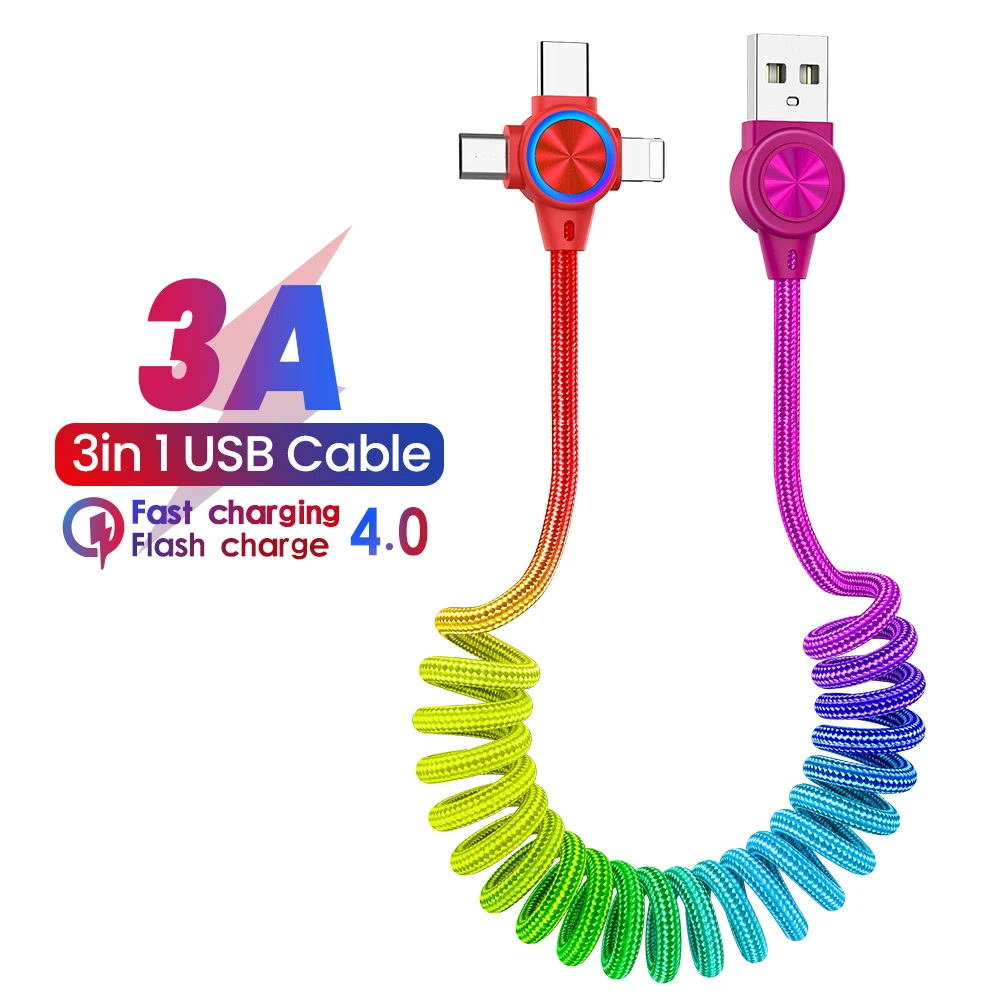 

3in1 Spring 3A Fast Charging Cable For iPhone Micro Type C 8 Pin Charger Cord For Xiaomi Huawei Poco Retractable USB Data Cable