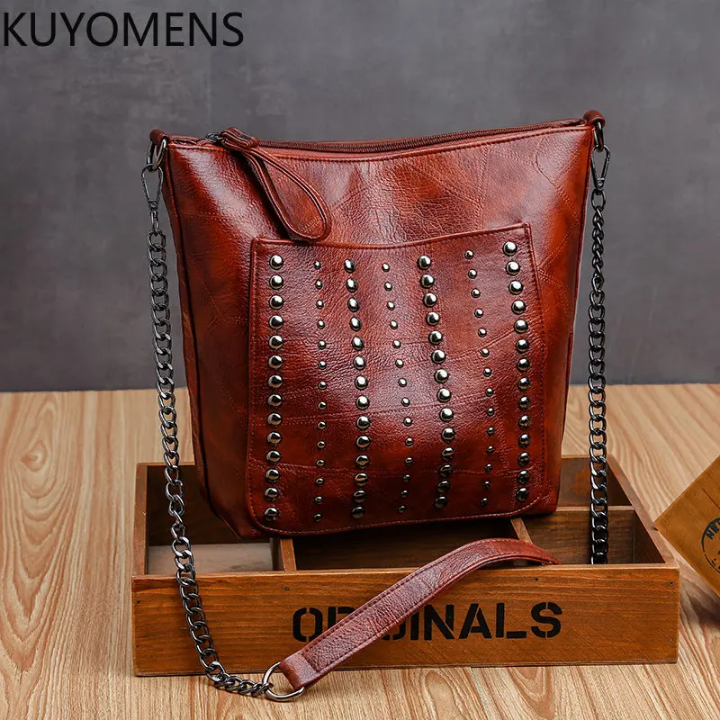 

Annmouler Vintage Women Bag Large Capacity Shoulder Bag Rivet Bucket Bag Brown Crossbody Bag for Girls Pockets Messenger Bag