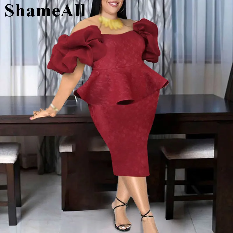 

Plus Size Ruffles Square Neck Peplum Dress 4XL Off The Shoulder Sheath Mid Calf Pencil Dresses Elegant Office Lady Workwear Robe