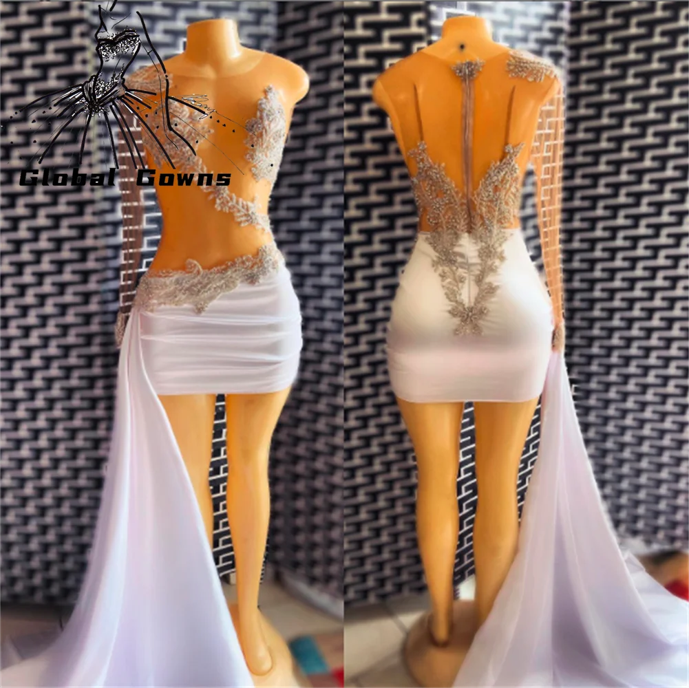 

Sexy O Neck Prom Dresses Crystal Birthday Party Gowns Illusion Mini Beaded Cocktail Dress Vestidos De Fiesta De Noche