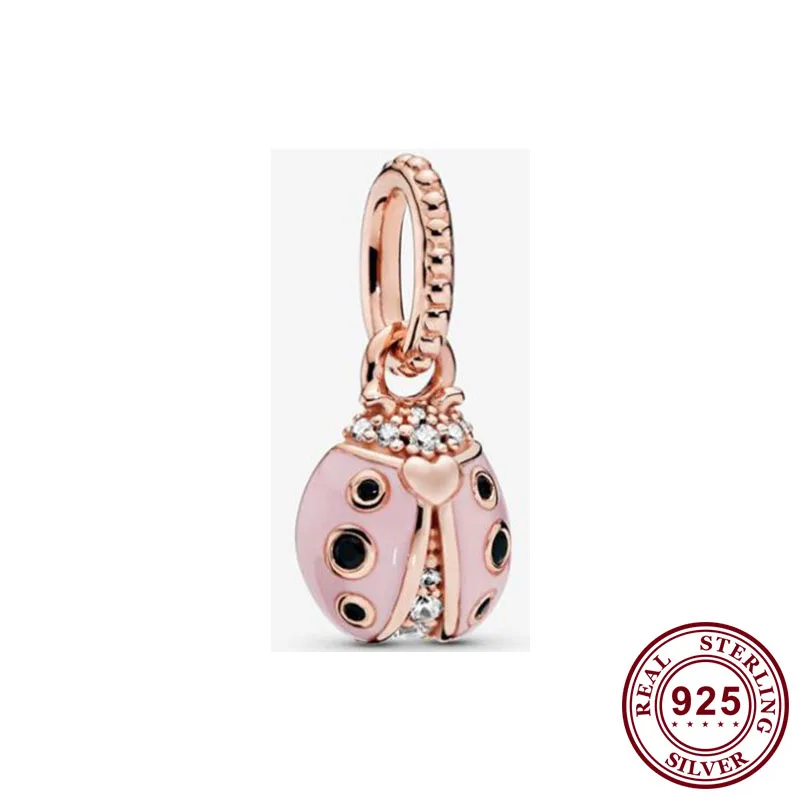 

925 Sterling Silver Charm Lucky Pink Ladybug Pendant Fit Pandora Women Bracelet & Necklace Diy Jewelry