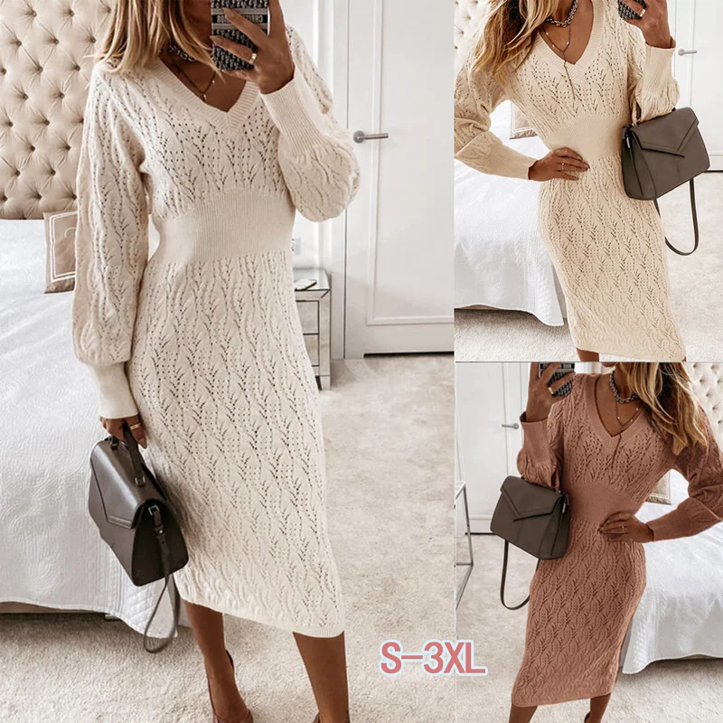 

Autumn Fashion Elegant Knitted Sweater Dress Women's Long Sleeve Warm Mini Tight Dress Casual White Ladies Dress New 2022