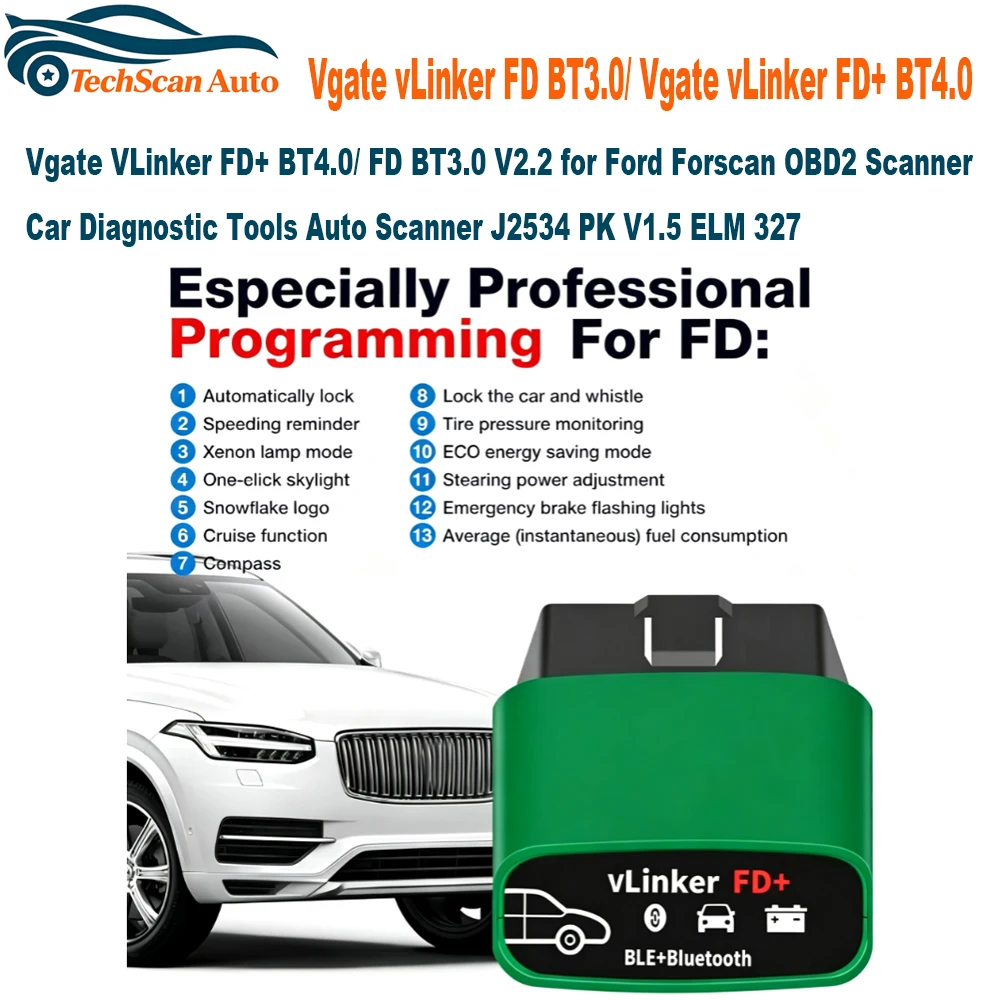 Фото Vgate VLinker FD+ BT4.0/ FD BT3.0 V2.2 для Ford Forscan OBD2 сканер, диагностический инструмент для автомобилей, автосканер J2534, аналог V1.5 ELM 327 №1