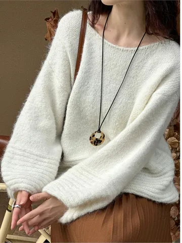 2024, женский мягкий вязаный свитер, сексуальный большой пуловер с круглым вырезом и рукавами-фонариками, одежда, топы для женщин, свитер Pull Femme