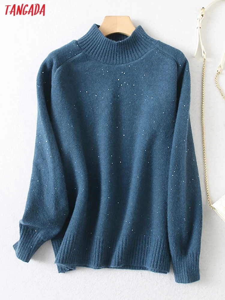 

Tangada Women Beading Decorate Turtleneck Knitted Sweater Jumper Female Elegant Oversize Pullovers Chic Tops YU56