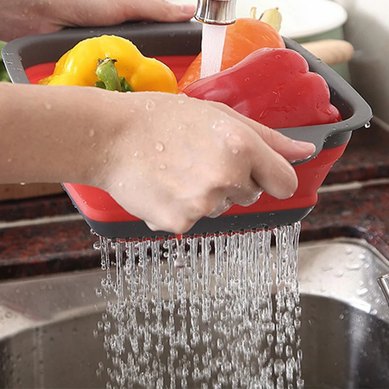 

2-In-1 Rice Washer Silicone Sieve Fruit Bowl Folding Clean Machine Vegetables Basin Basket Washing Filter Strainer Kitchen Tool