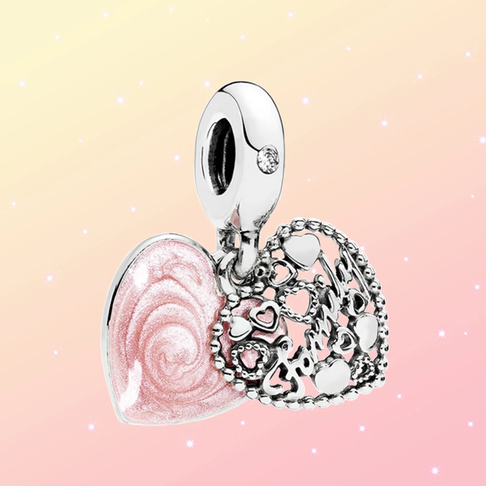 

Sparkling Pink Heart Double Dangle Charm 925 Silver Banquet Jewelry Fit for Pandora DIY Woman Luxury Bracelet Necklace Gift