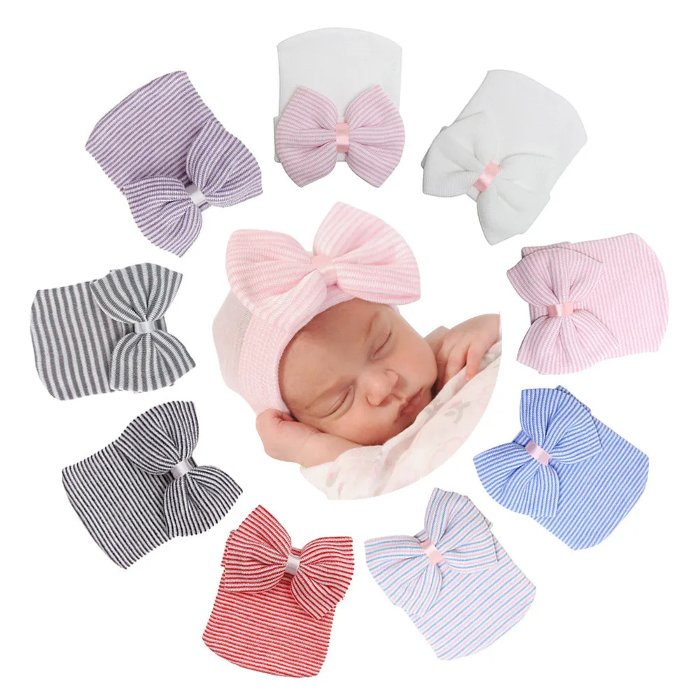 

Newest Cute Newborn Baby Girl Comfy Bowknot Hospital Cap Beanie Hat Knitted Striped Baby Girl Caps Beanie infant Toddler Hats