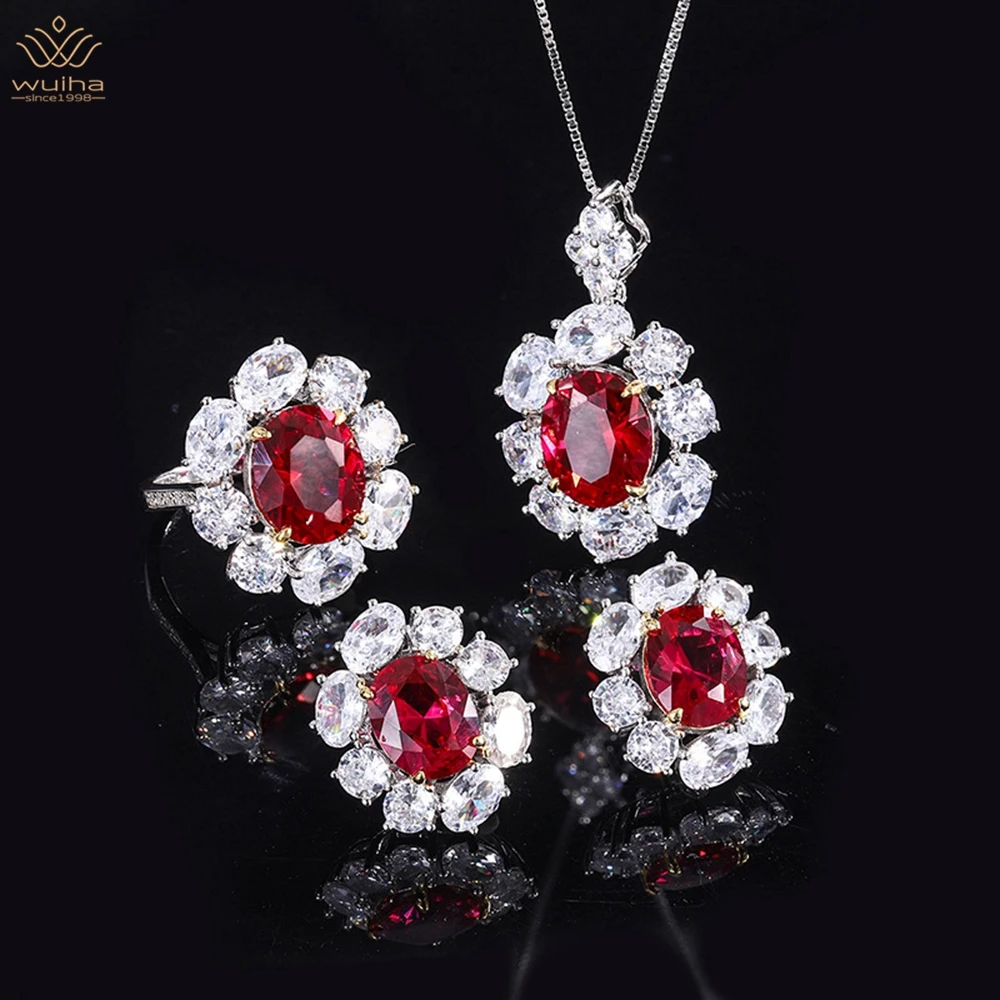 

WUIHA 925 Sterling Silver 10*12MM Ruby Sapphire Faceted Gemstone Ring/Earrings/Pendant/Necklace Engagement Jewelry Set Wholesale