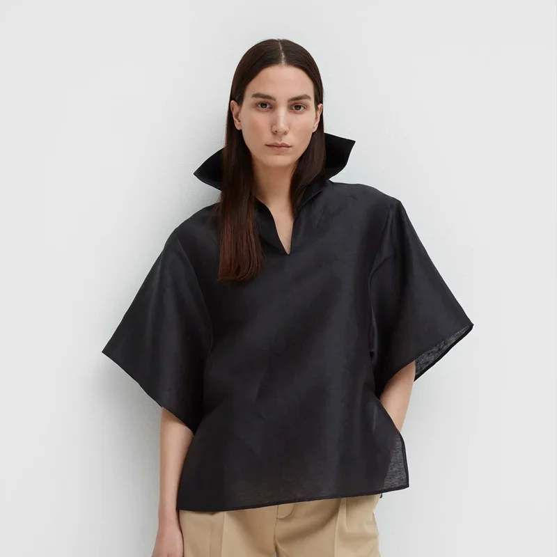 

Totem * Spring and Summer Casual Temperament Commuting Loose Lapel Linen Five-minute Sleeve Shirt Pullover Blouse Female Tops