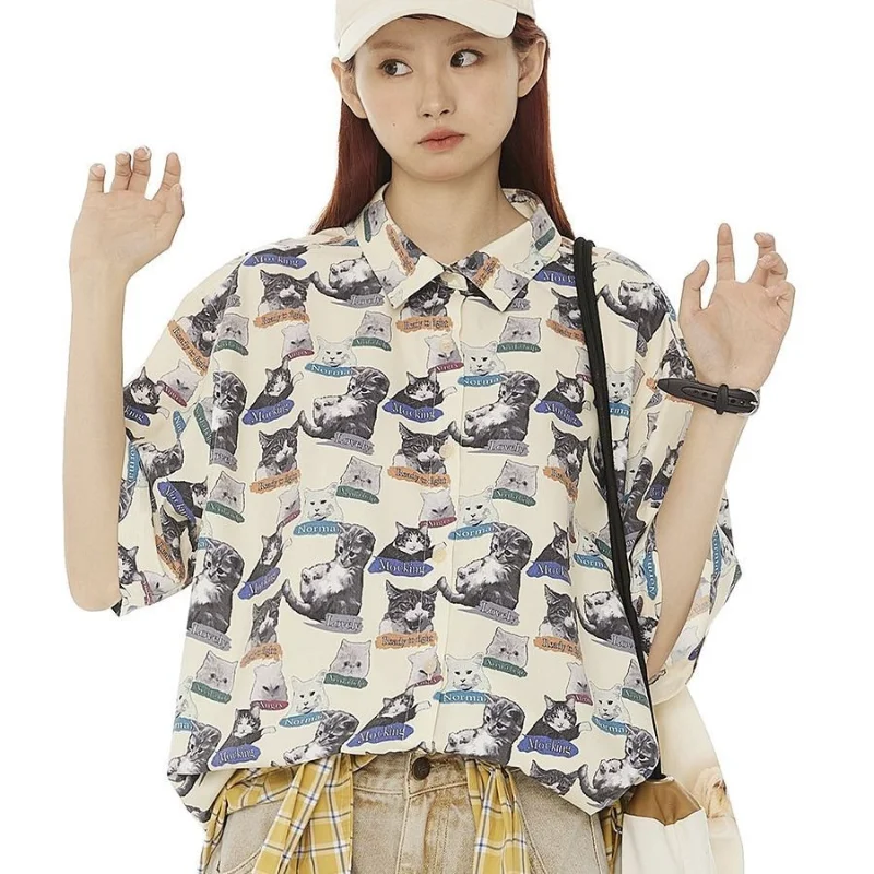 

Harajuku Japanese Apricot Cats Shirts Short Sleeve Oversized Blouses Teenage Girls Kawaii Tops Summer Loose Casual Hawaii Beach