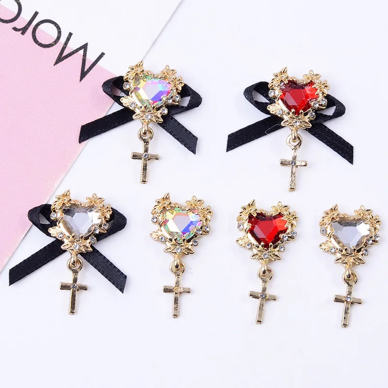 50PCS Lolita Bow-Knot Nail Charm Court Heart Crystal Pendant  Alloy Cross For Nails Decoration With Black Ribbon Knot 25*30MM#