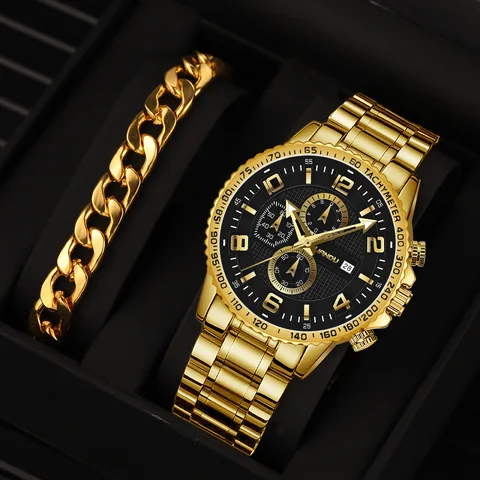 Часы наручные мужские кварцевые с браслетом, брендовые Роскошные модные повседневные стальные, золотистые