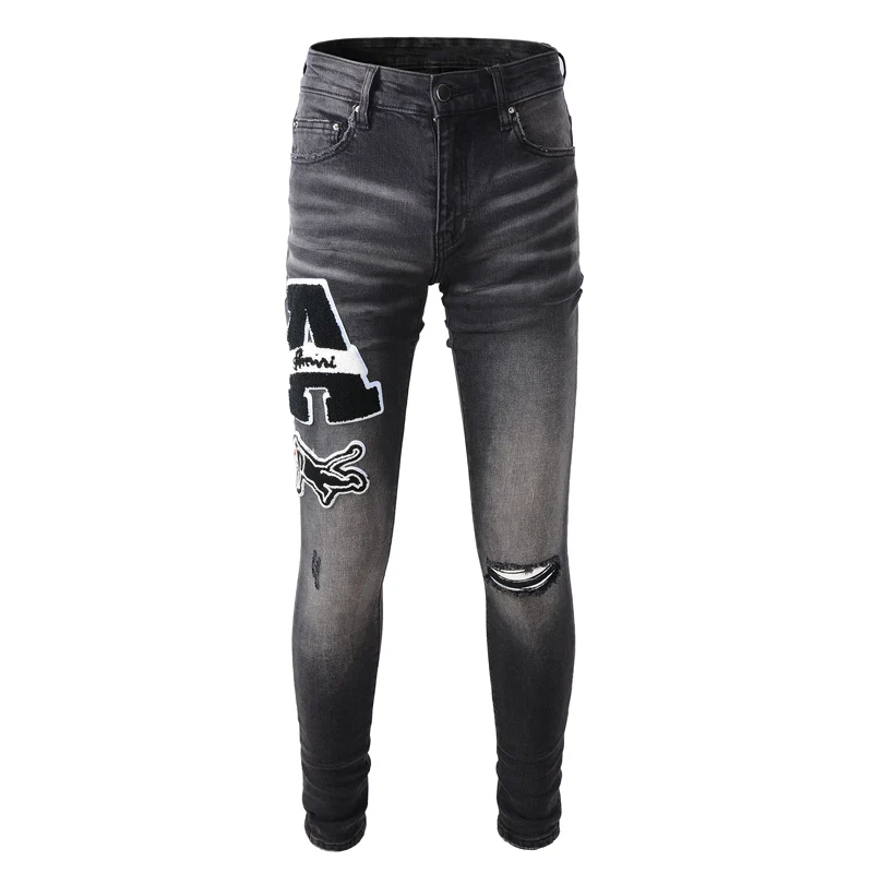 Fashion Streetwear Men Jeans Retro Black Gray Elastic Slim Fit Ripped Jeans Men Embroidery Patch Designer Hip Hop Denim Pants