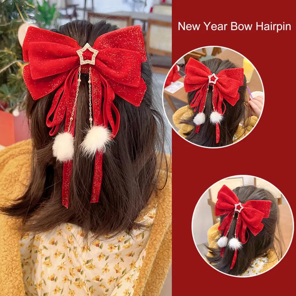 

New Year Hairpin Five-pointed Star Bow Ribbon Firm Clamping Flannel Chinese Traditional Adult Kids Hair Clip Hair Accessories