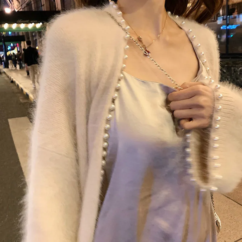 

Soft Mink Cashmere Sweater Coat Mohair Furry Knitted Cardigan Loose Beaded Trimmed with Pearls Jacket Tops Mujer Sueter white