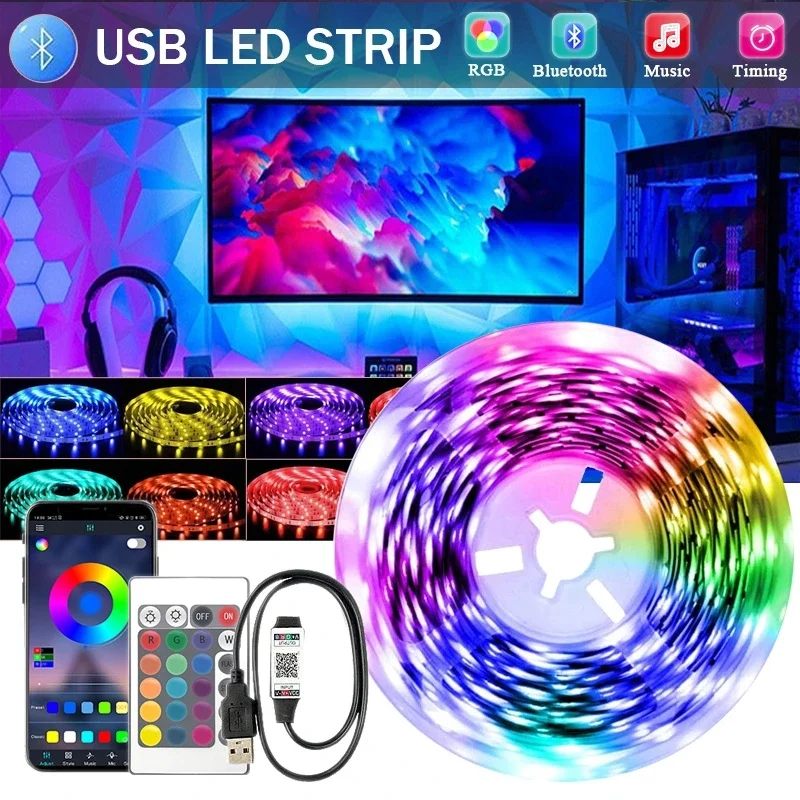 

5M 10M LED Strip Light Tape Bluetooth 5050SMD 5V USB RGB Lights Flexible LED Lamp Tape Ribbon RGB Self-adhesive TV Desktop Diode