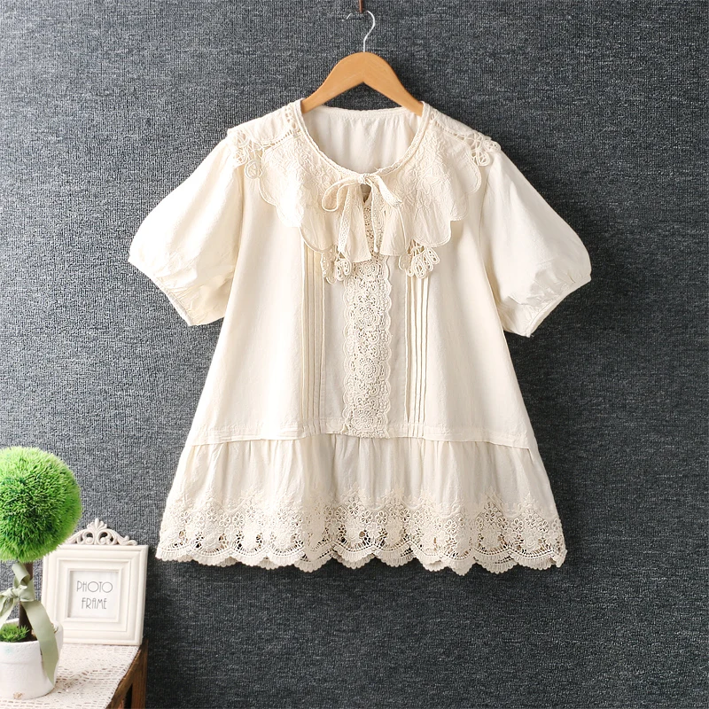 

Summer Sweet Mori Series Solid Embroidered Shirt Women Large Lapel Hook Flower Hem Short Sleeve Casual Tops ML220324