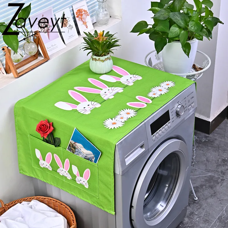 

Easter Day Cartoon Rabbit Print Linen Washing Machine Green Grasses Field Daisly Flower Dust Cloth Refriger Oven Microwave Cover