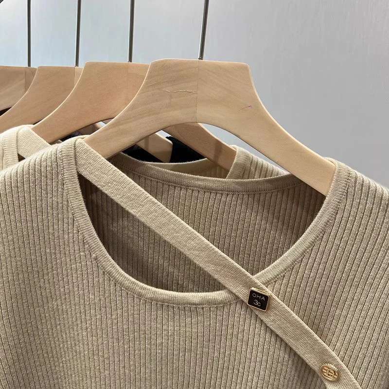 Модный осенний вязаный свитер с длинным рукавом и круглым вырезом женские