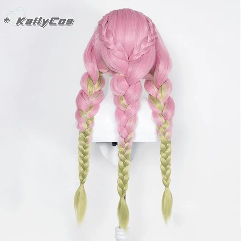 Парик для косплея Mitsuri Kanroji высокое качество длинные розовые зеленые плетеные