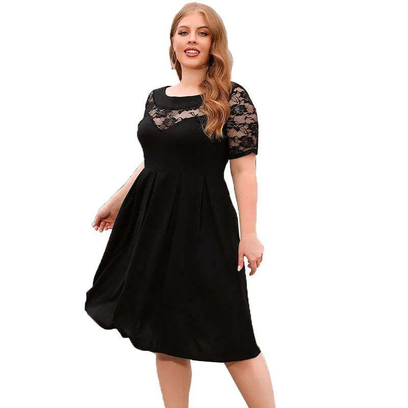 Plus Size Dresses for Women 2023 Summer Midi Elegant Short Sleeve Lace Patchwork Black Party Dresses Female Outfits Clothing 4XL
