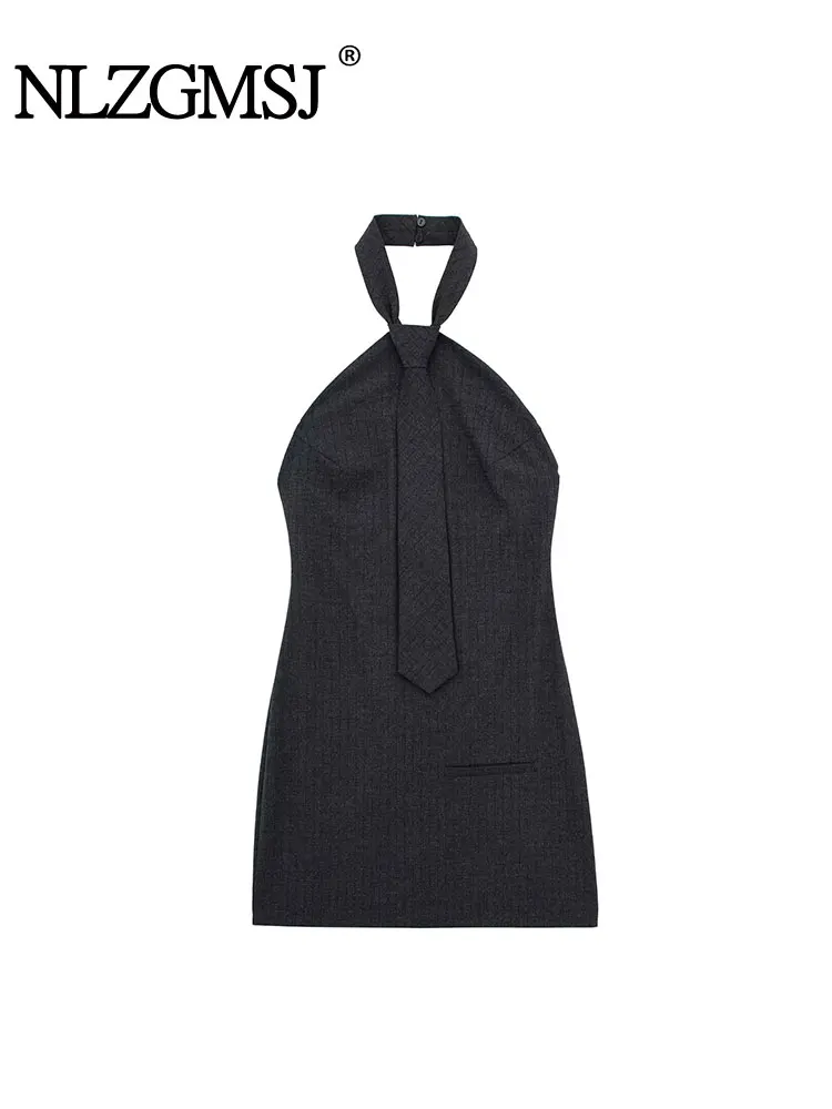 

Nlzgmsj TRAF Y2K Ties Women Mini Dress 2023 Autumn Stripes Sleeveless Backless Robe Slim Extreme Short Female Halter Dresses