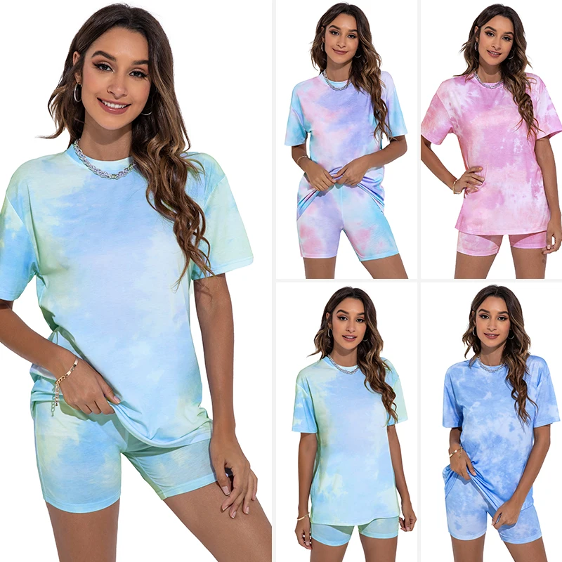 

Костюм с коротким рукавом Tie-Dye, Женская Повседневная футболка с шортами, Спортивная Домашняя одежда из двух предметов