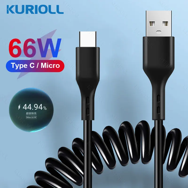 

KURIOLL 66W Spring USB Cable Micro USB Type C Cable 6A Fast Charging for Huawei Xiaomi OPPO Phone Charger Cord