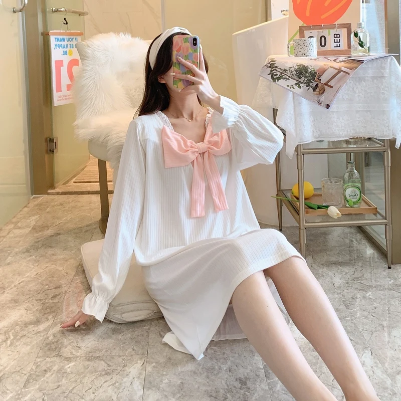 

2022 New Spring Autumn Long Sleeve Cotton Nightgowns for Women Korean Cute Bow Home Dress Sleepwear Night Gown Nightdress Nighty