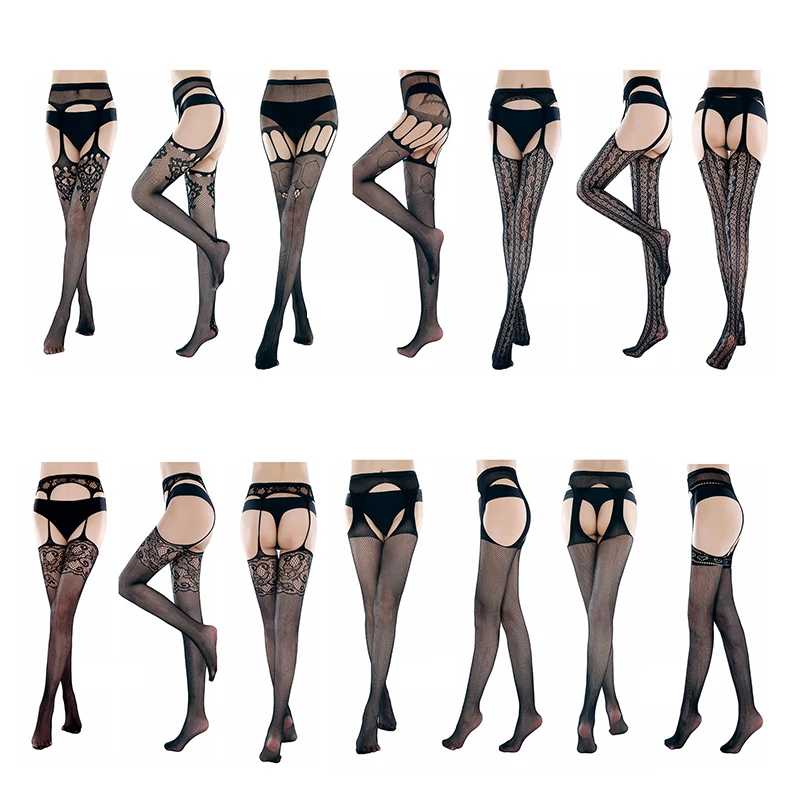 

Sexy Fishnet Stockings With Belt Set For Women Solid Thigh High Long Socks