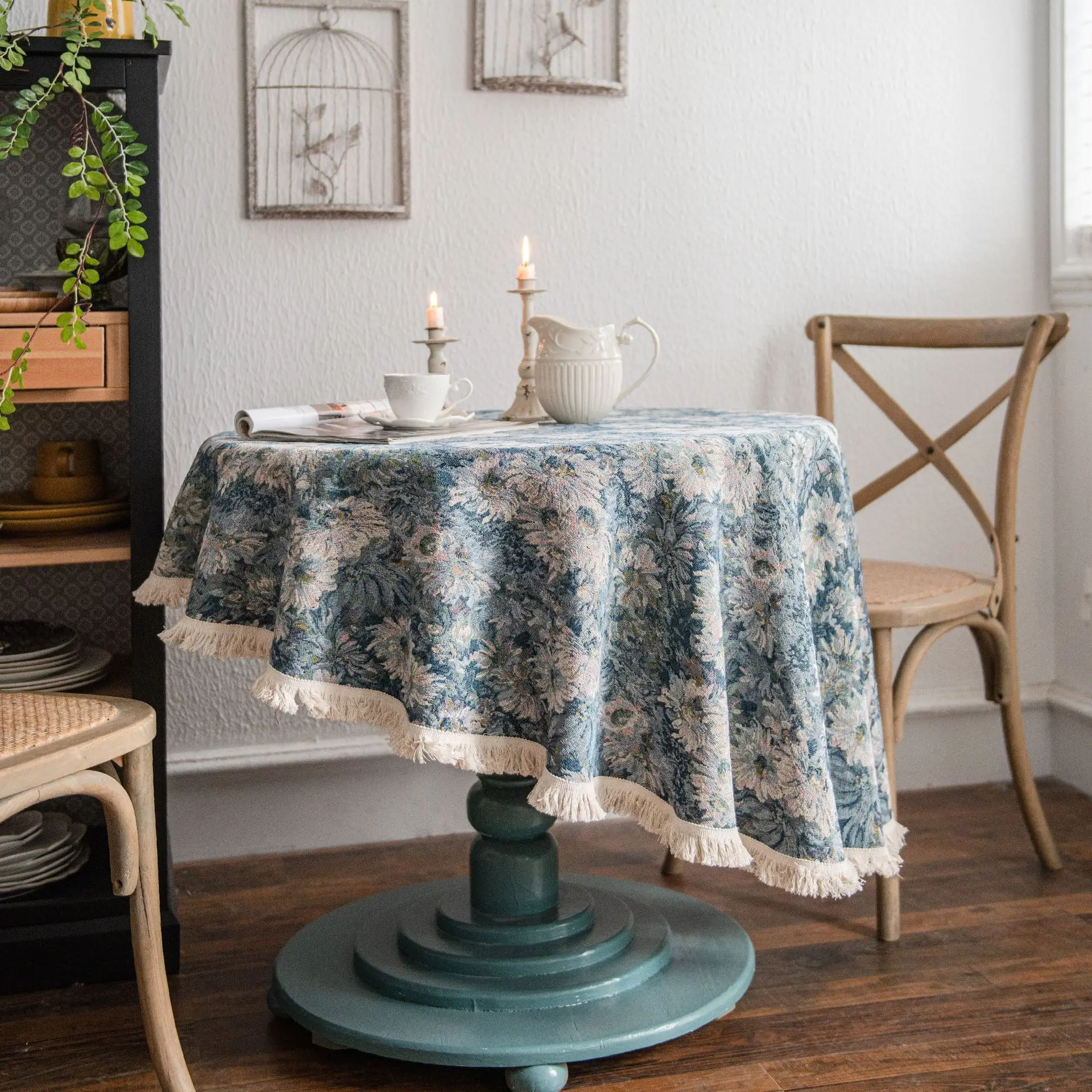 

Round Tablecloth Hydrangea Tassel Jacquard Thick Table Cloth Polyester Cotton Table Cover for Home Wedding Party Decoration