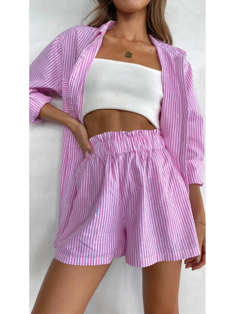 

2022 Spring And Summer Women Shirt Shorts Two-piece Suit Long Sleeve Stripe Lapel Loose Thin Casual Streetwear Top Shorts Sets