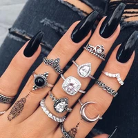 bohemian fashion womens vintage silver full diamond glass crystal moon ring combination 11 piece set