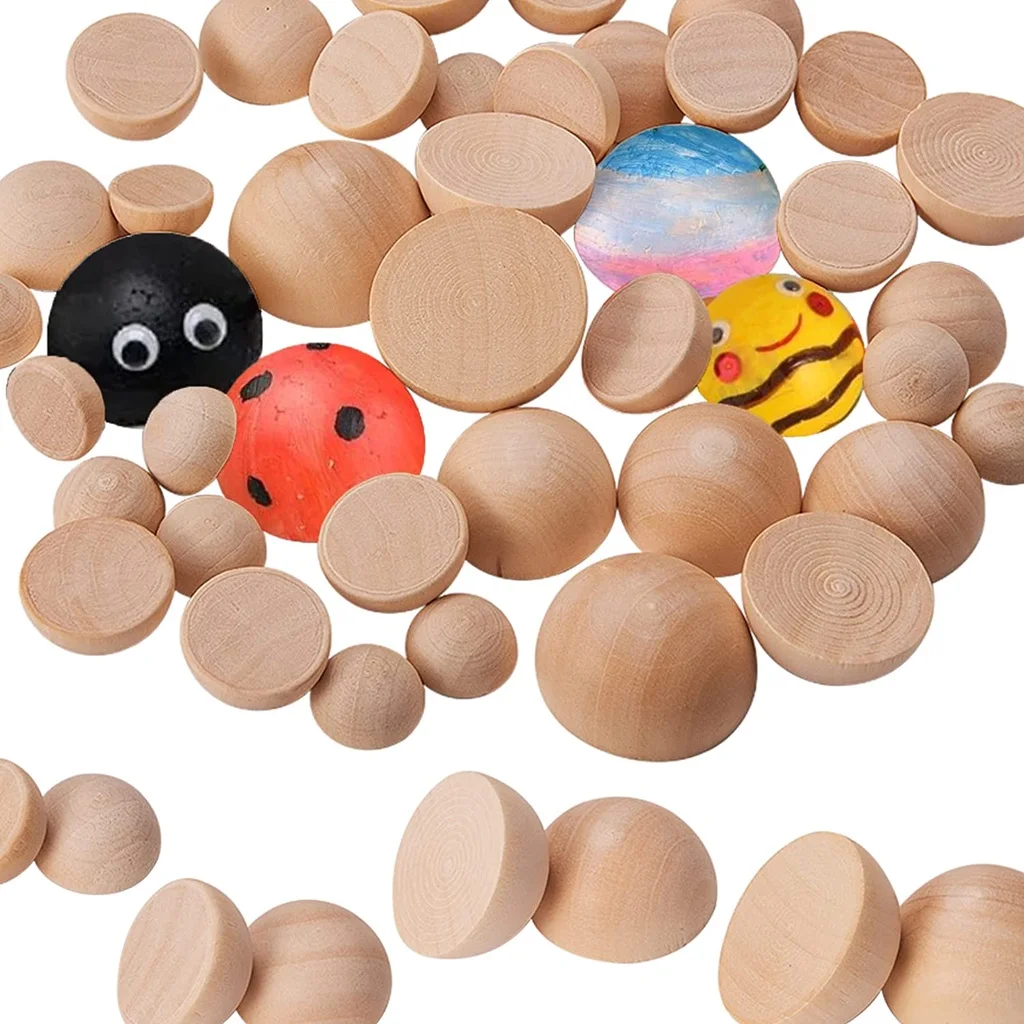 

4 Sizes 130PCS Split Wood Balls Unfinished Half Wooden Balls Wood Hemisphere Half Craft Balls for for Projects Jewelry Making