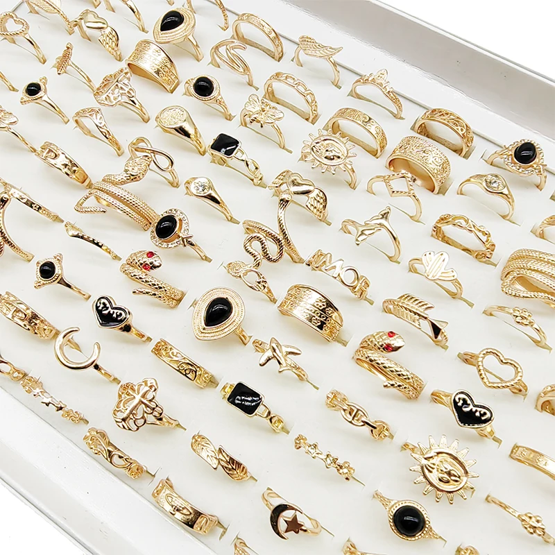 

50/100pcs/Lot Wholesale Acrylic Water Drop Finger Rings for Women Gold Color Alloy Jewelry Black Heart Enamel Snake Animal Girls